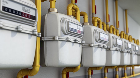 Domestic gas meters in a row. 3D illustration.の写真素材