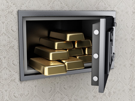 Open wall safe full of gold ingots mounted in the wall. 3D illustration.の写真素材