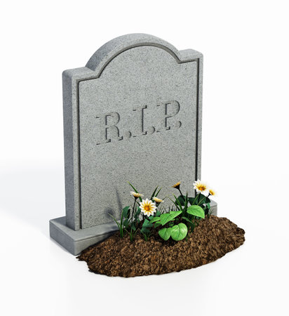Gravestone with soil and flowers isolated on white background. 3D illustration.の写真素材