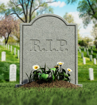 Gravestone with soil and flowers in the cemetery. 3D illustration.の写真素材