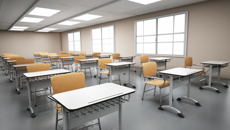 Rows of student desks inside the classroom. 3D illustration.の写真素材