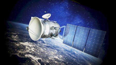 Communications satellite in Earth's orbit. 3D illustration.