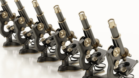 Antique brass and iron microscopes isolated on white background. 3D illustration.