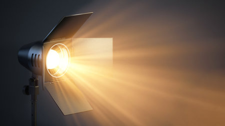 Spotlight illuminating the darkness. Copy space on the right. 3D illustration.の写真素材