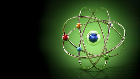 Fictitious atom model with core and orbiting spheres. 3D illustration.