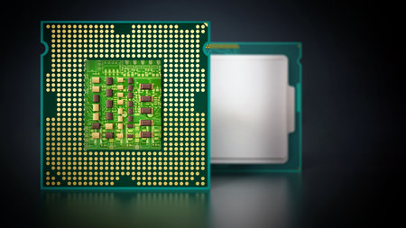 CPU front and backside isolated on black background. 3D illustration.