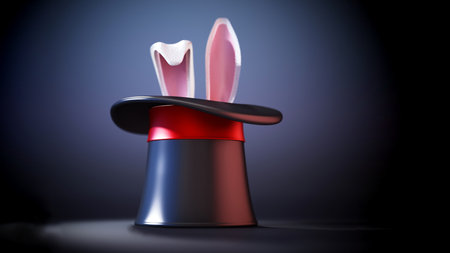 Illusionist hat and rabbit ears on black background. 3D illustration.の写真素材