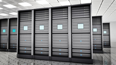 Network servers in a row in the room. 3D illustration.