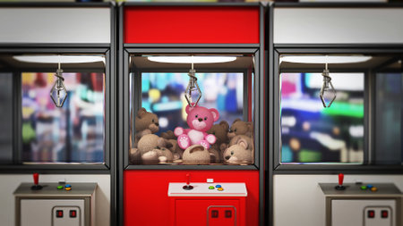 Red box stands out among toys vending machines with crane. 3D illustration.の写真素材