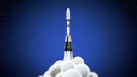Space rocket ship launching into space. 3D illustration.の写真素材