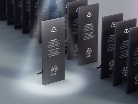 Spotlit spare smartphone battery standing out among the crowd. 3D illustration.