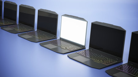 Generic gaming laptop computer with white screen stands out among other laptop PCs. 3D illustration.の写真素材