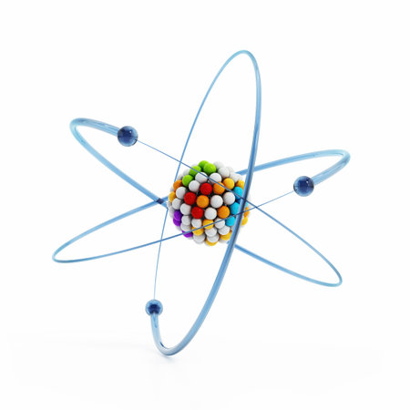 Atom model with orbital electrons isolated on white background. 3D illustration.の写真素材