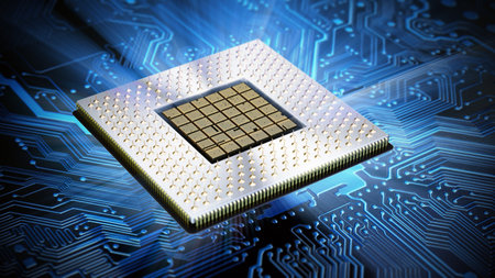 CPU with blue light on the mainboard. 3D illustration.の写真素材