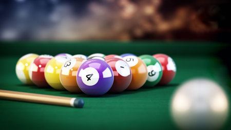Pool or billiard balls and cue on green table cloth. 3D illustration.
