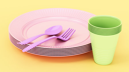 Colorful disposable dinnerware set with plastic plate, cup, fork and knife on yellow background. 3D illustration.の写真素材