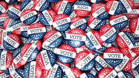 Large stack of vote badges with American flag colors. 3D illustration.の写真素材