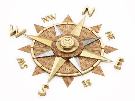Metallic abstract compass icon isolated on white background. 3D illustration.の写真素材