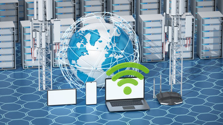 Network server concept with a globe, receivers and electronic devices. 3D illustration.