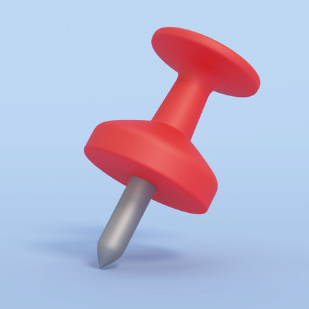 Cartoon red pushpin icon isolated on blue background. 3D illustration.