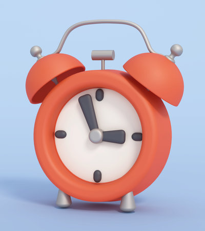 Cartoon alarm clock isolated on blue background. 3D illustration.の写真素材