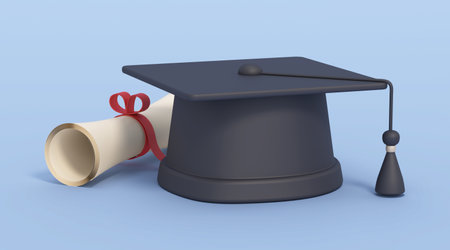 Cartoon graduation cap and diploma isolated on blue background. 3D illustration.の写真素材