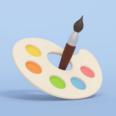 Cartoon pallette and paintbrush isolated on blue background. 3D illustration.