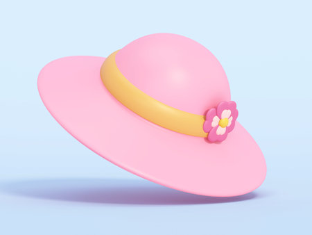 Cartoon pink lady hat isolated on blue background. 3D illustration.の写真素材