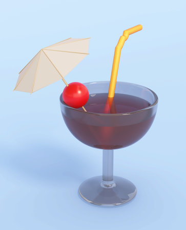 Cartoon cocktail glass isolated on blue background. 3D illustration.の写真素材