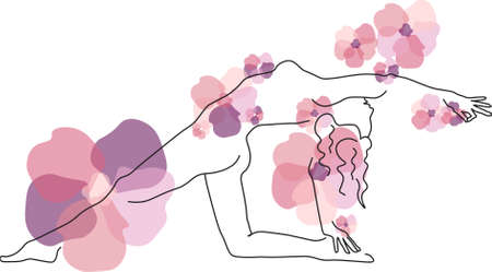 Simple line drawing with yoga girl covered in flowersのイラスト素材