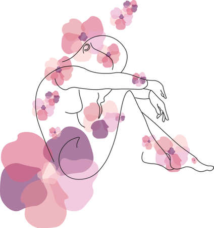Abstract line drawing of girl sitting and covered with flowers.のイラスト素材