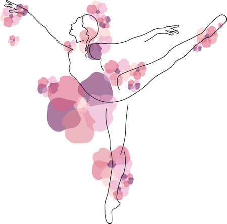 Abstract line drawing of dancing ballerina covered with flowers.のイラスト素材
