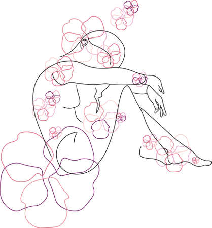 Abstract line drawing of girl sitting and covered with flowers.のイラスト素材