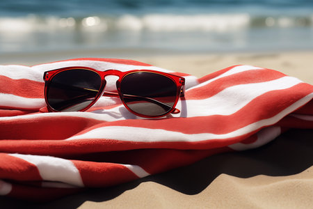 Red sunglasses with red and white striped towel on the beach.の素材