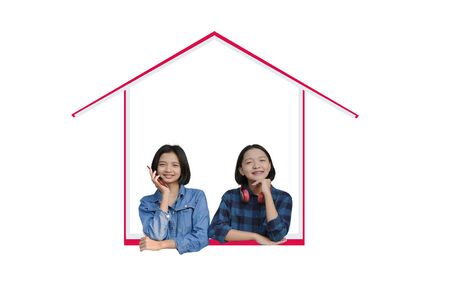 Happy young asia girls enjoy life at home .の写真素材