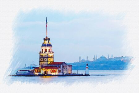 Watercolor picture of Maidens tower or kulesi old lighthouse at Istanbul in Turkeyの写真素材