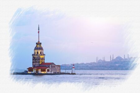 Watercolor picture of Maidens tower or kulesi old lighthouse at Istanbul in Turkeyの写真素材
