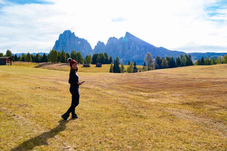 Tourist with Beautiful landscape view of Dolomite   at Alpe di cisles, Ortisei Italy.の写真素材