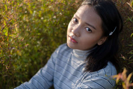 Portrait face of beautiful young girl at field grass in sunset time.の写真素材