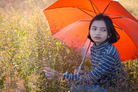 Young Asian girl holding orange umbrella at field grass.の写真素材