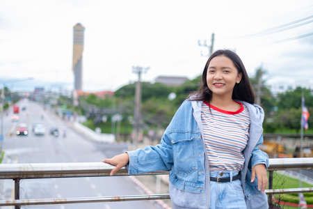 Portrait happy young asian girl, smile girl out door.の写真素材