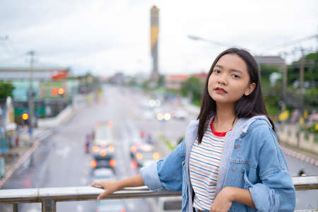 Portrait happy young asian girl, smile girl out door.の写真素材