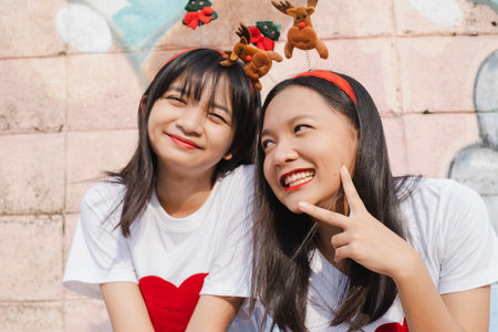 Happy two girl wear christmas hat on colorful background.の写真素材