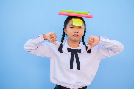 Student with book and small note paper on blue background.の写真素材