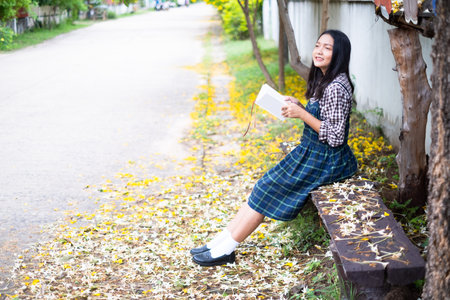 Young girl sitting on a bench reading a book under a beautiful tree.の写真素材
