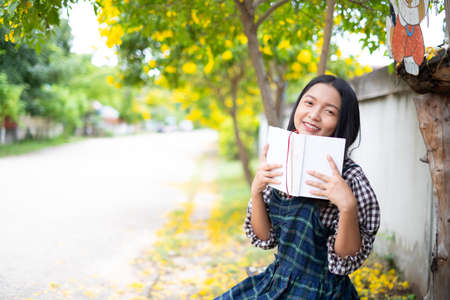 Young girl sitting on a bench reading a book under a beautiful tree.の写真素材