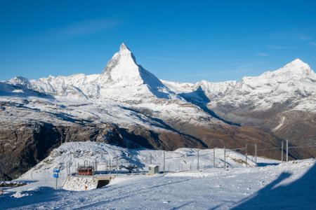 Beautiful view of Matterhorn and train on snow in Switzerland.の写真素材