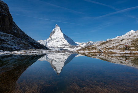 Matterhorn Beautiful Swiss alps with reflection at Riffelsee Lake,Switzerland.の写真素材