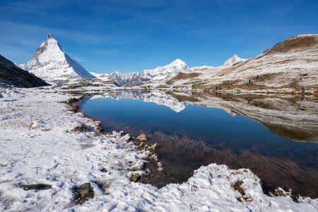 Matterhorn Beautiful Swiss alps with reflection at Riffelsee Lake,Switzerland.の写真素材