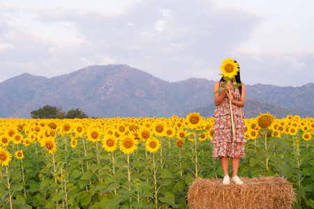 The beautiful girl hold sunflower with beautiful flower filed.の写真素材